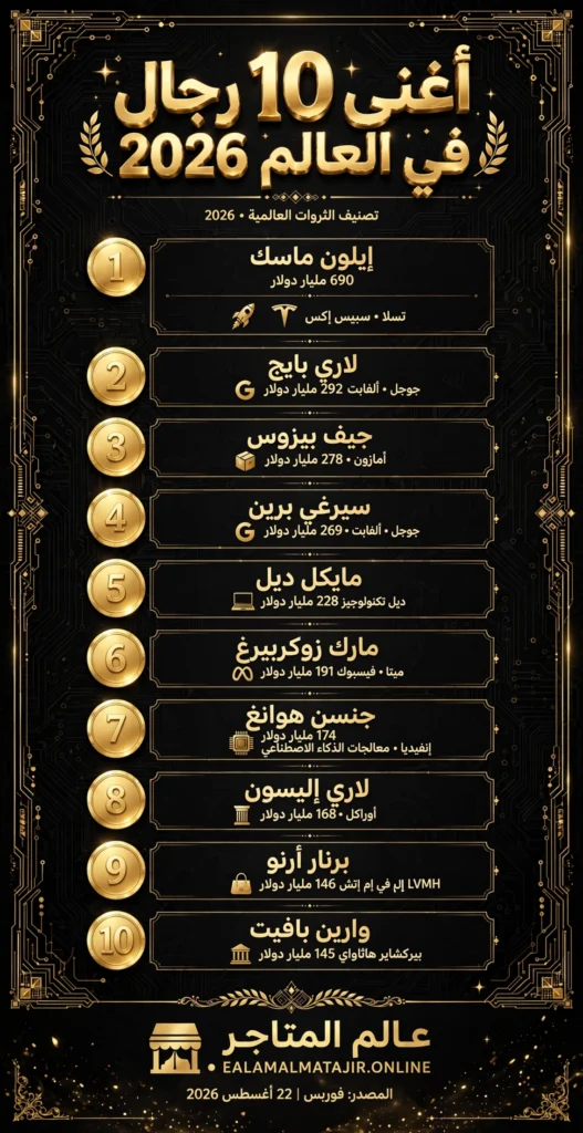 أغنى 10 أشخاص في العالم 2026: ترتيب فوربس وثرواتهم الصادمة (أغسطس 2026) luxury gold infographic 1