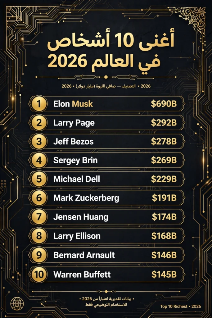 أغنى 10 أشخاص في العالم 2026: ترتيب فوربس وثرواتهم الصادمة (أغسطس 2026) richest people infographic