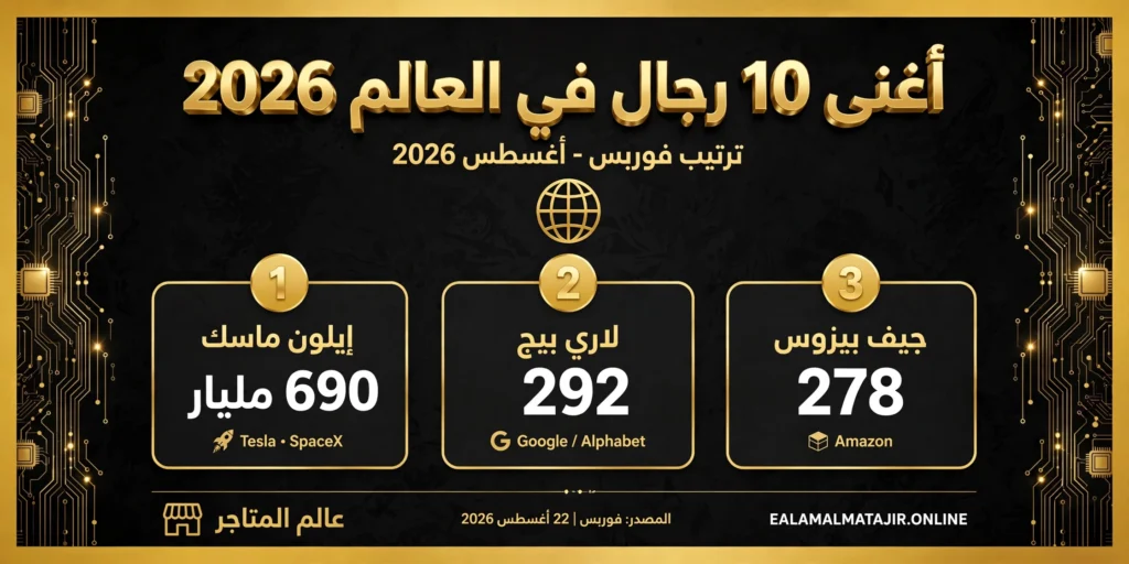 أغنى 10 أشخاص في العالم 2026: ترتيب فوربس وثرواتهم الصادمة (أغسطس 2026) top 3 richest 2026 infographic